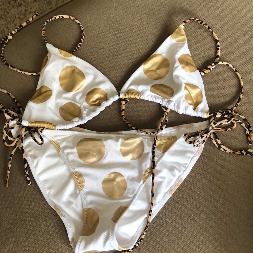 White and gold polka dot swimsuit